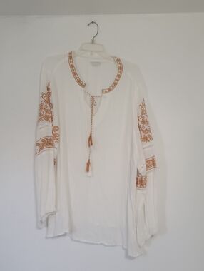 White Embroidered Peasant Blouse with Gold Accents & Tassle